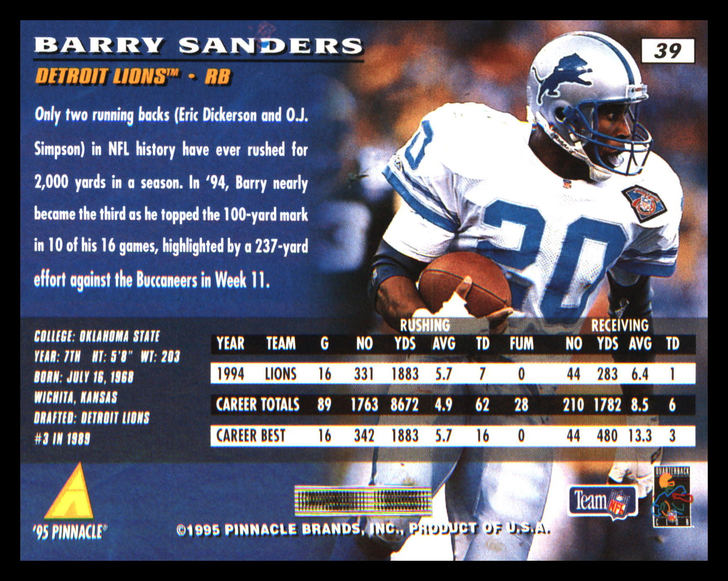 1995 Pinnacle #39 Barry Sanders