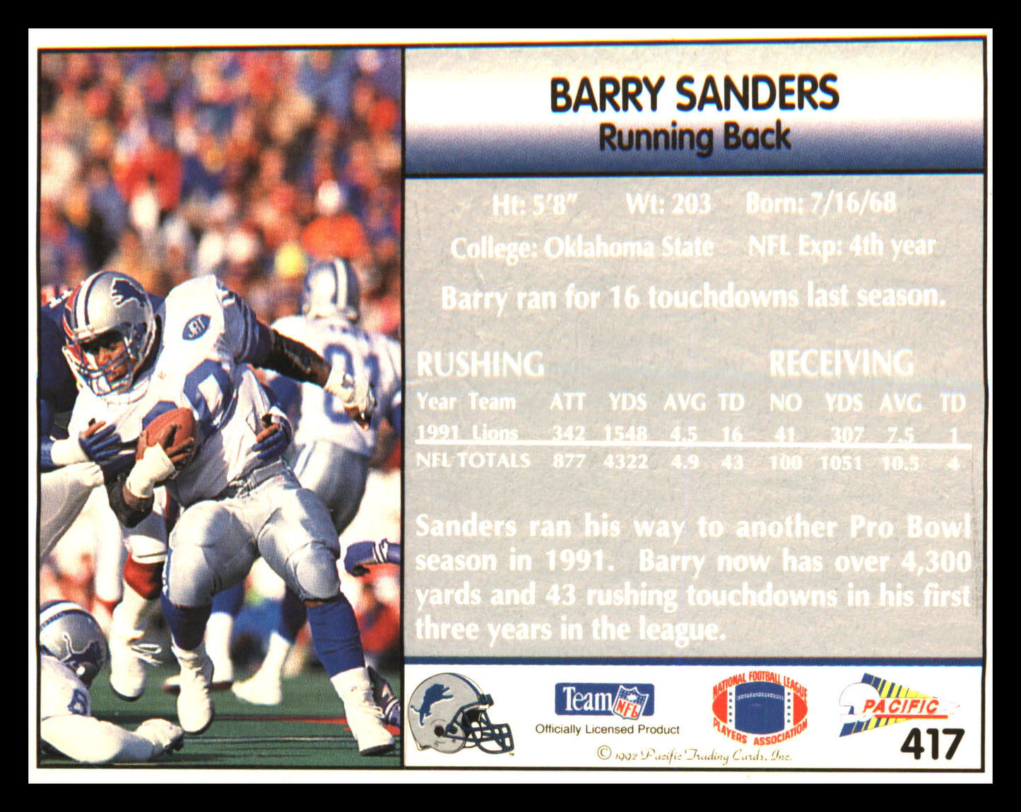 1992 Pacific #417 Barry Sanders