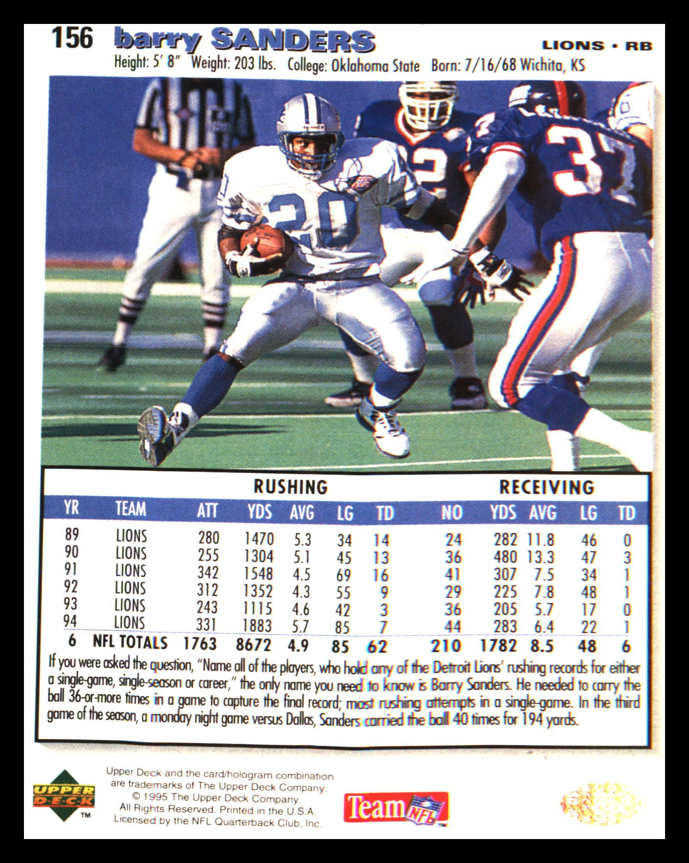 1995 Collector's Choice #156 Barry Sanders