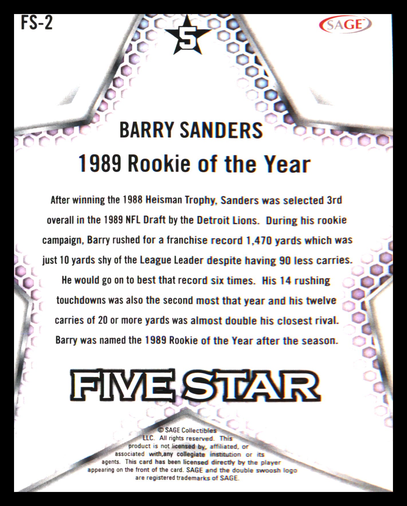 2024 SAGE HIT Five Star Gold #FS-2 Barry Sanders