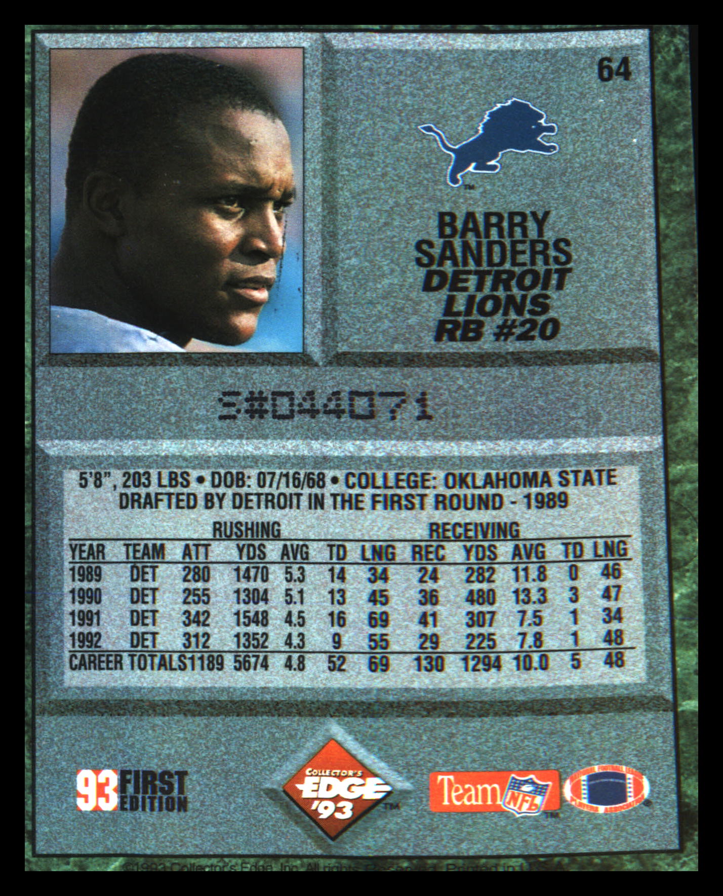 1993 Collector's Edge #64 Barry Sanders SN #/100000