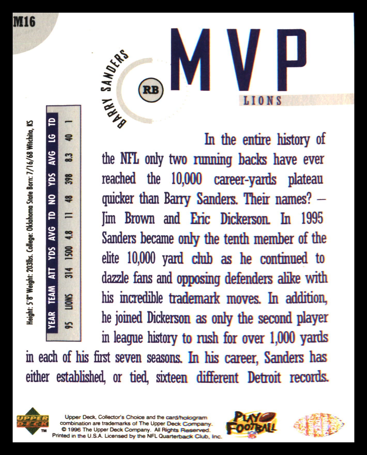 1996 Collector's Choice MVPs #M16 Barry Sanders
