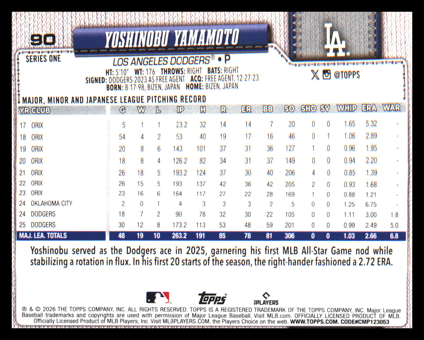 2026 Topps Rainbow Foil #90 Yoshinobu Yamamoto