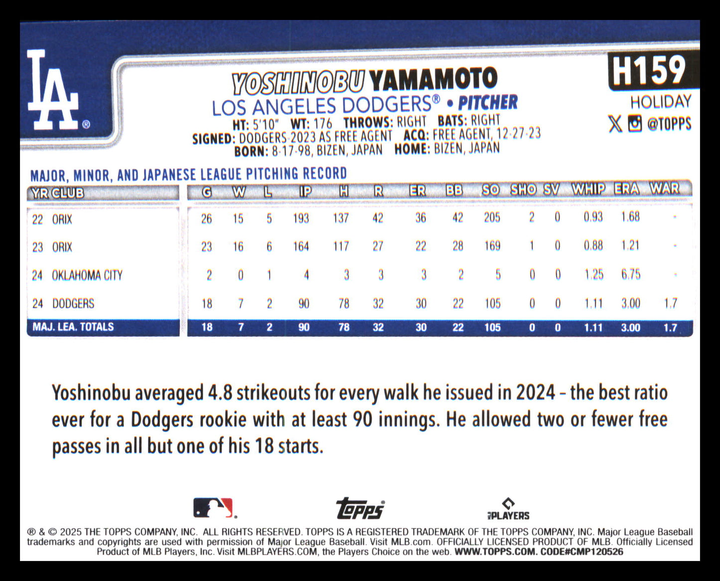 2025 Topps Holiday Green Holiday Plaid #H159 Yoshinobu Yamamoto