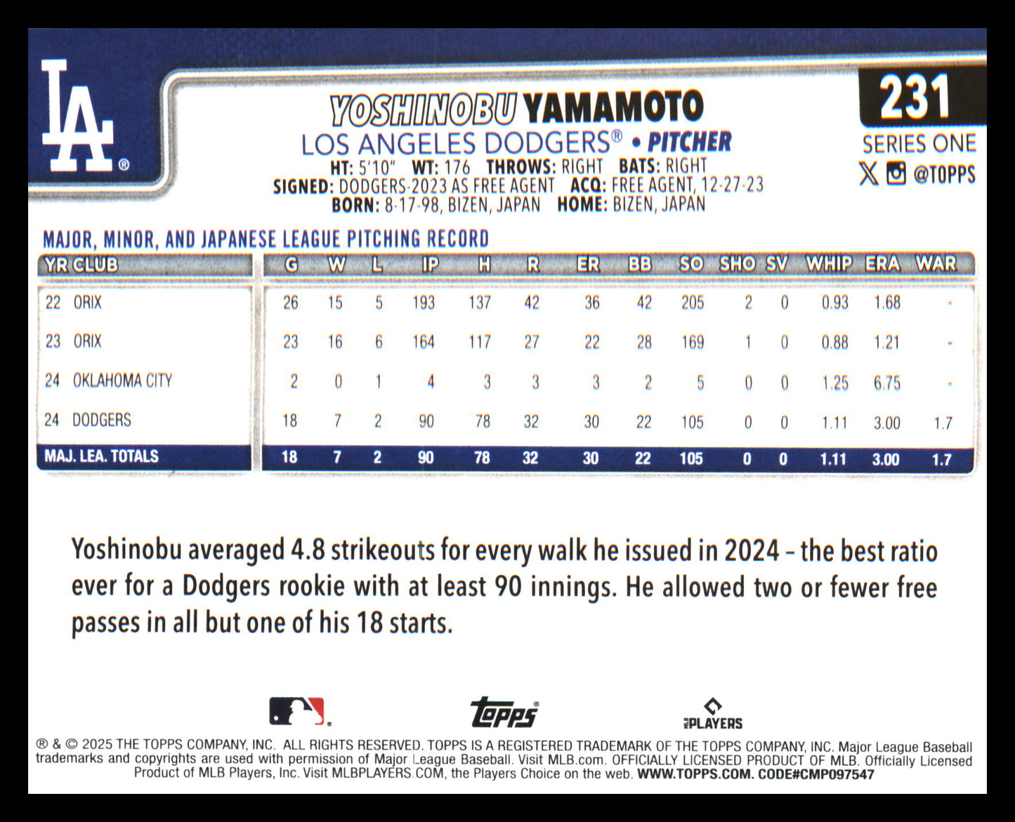 2025 Topps #231 Yoshinobu Yamamoto