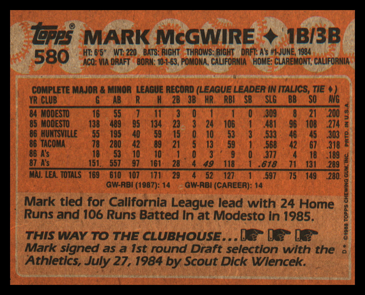 1988 Topps #580 Mark McGwire