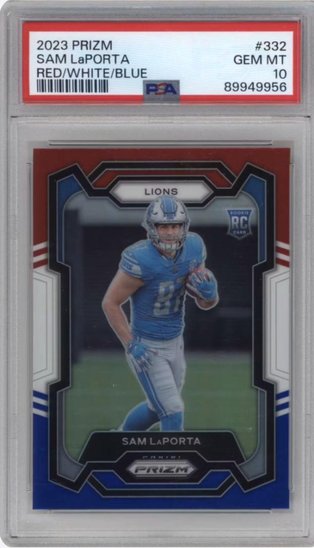2023 Panini Prizm Red White and Blue #332 Sam LaPorta PSA 10