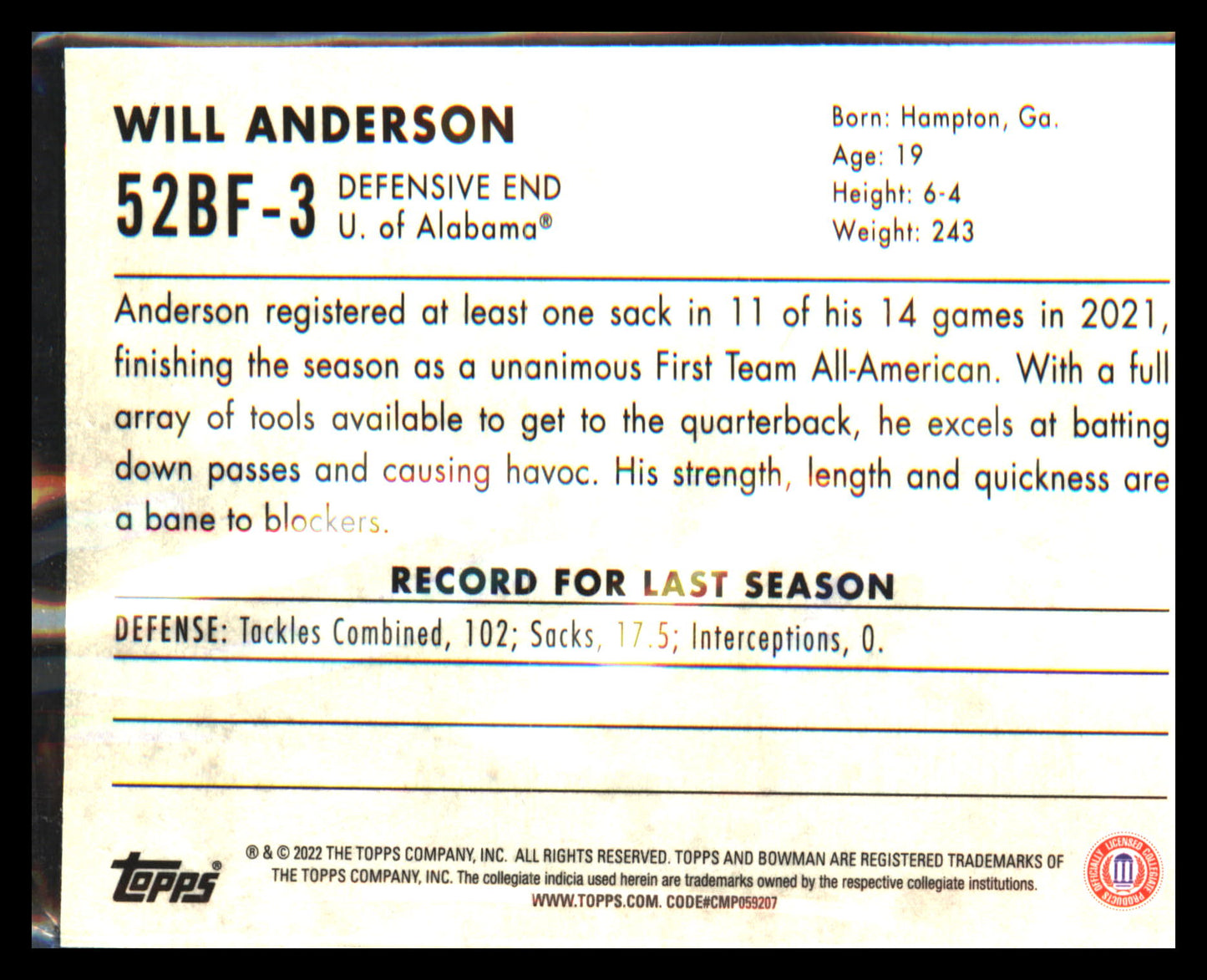 2022 Bowman University Chrome 1952 Bowman #52BF-3 Will Anderson