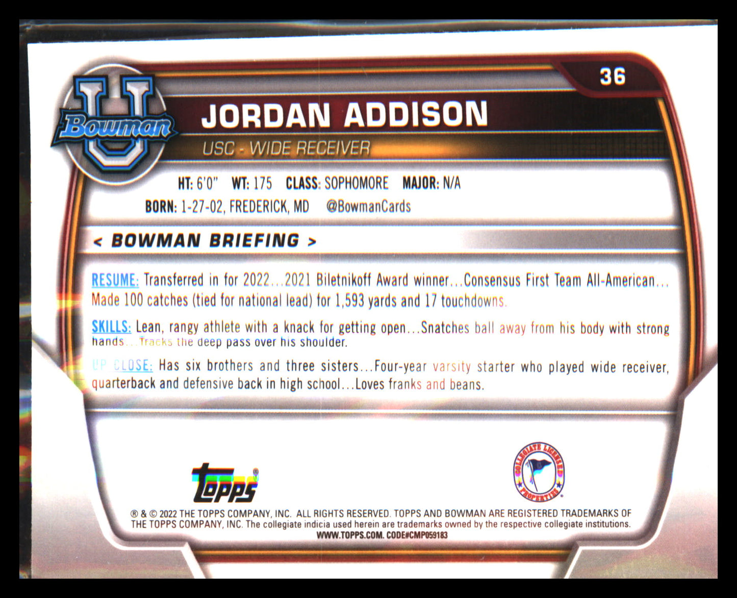 2022 Bowman University Chrome #36 Jordan Addison