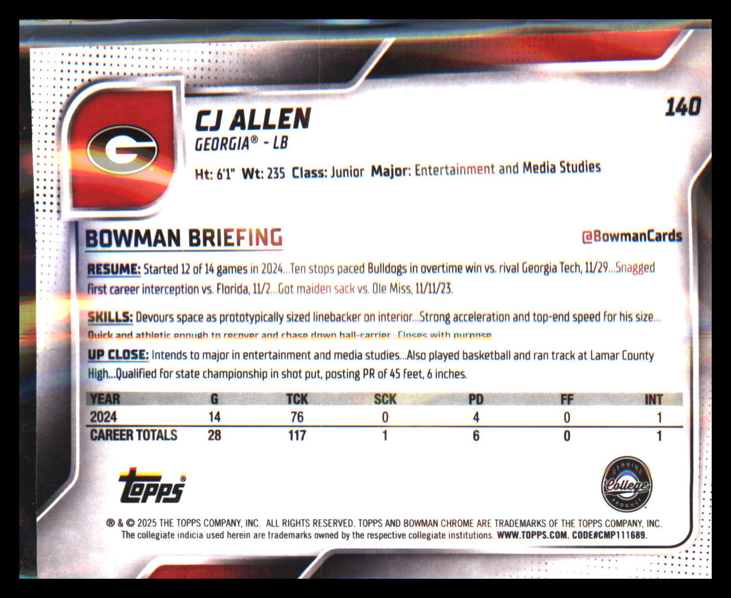 2025 Bowman University Chrome #140 CJ Allen