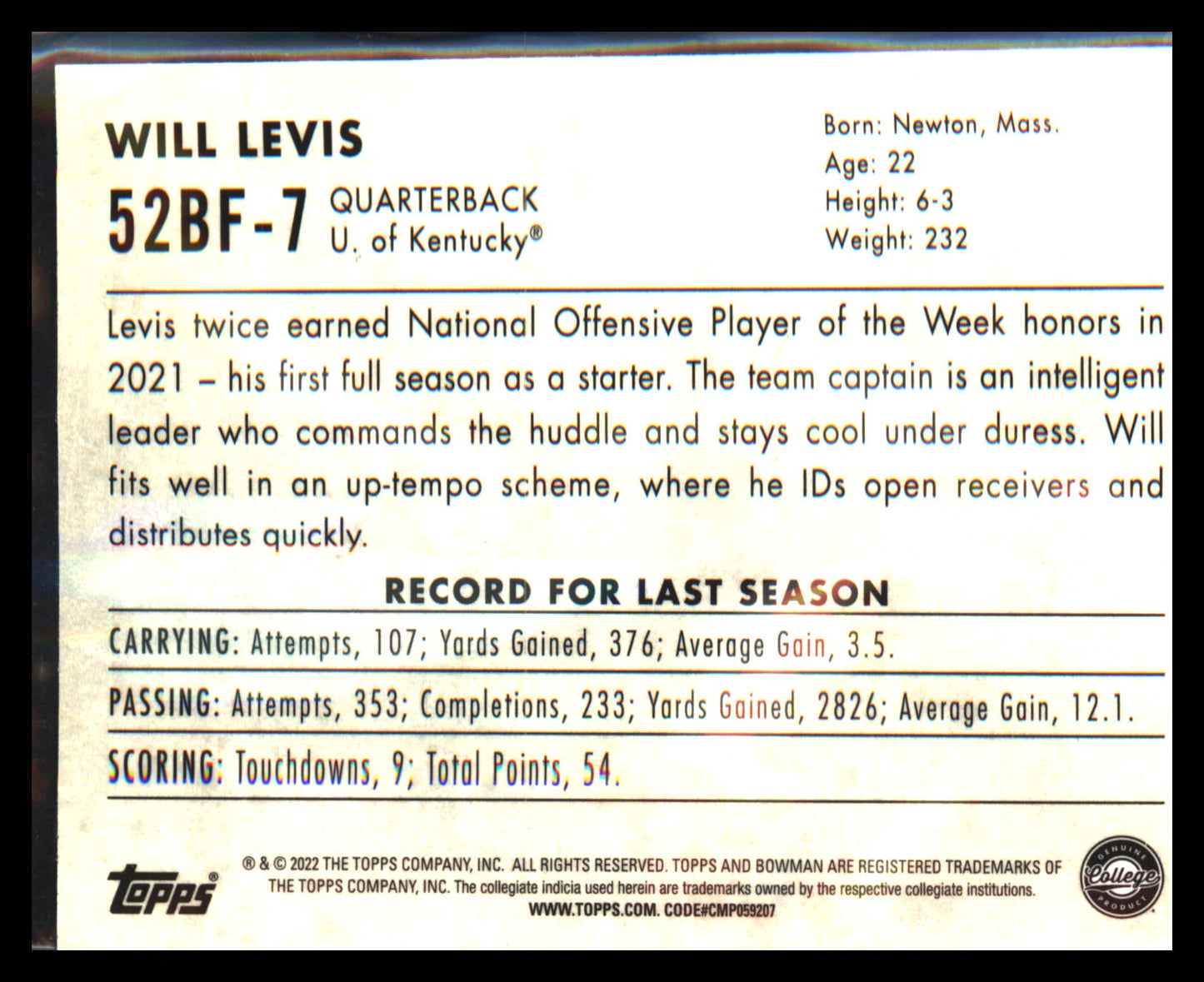 2022 Bowman University Chrome 1952 Bowman #52BF-7 Will Levis