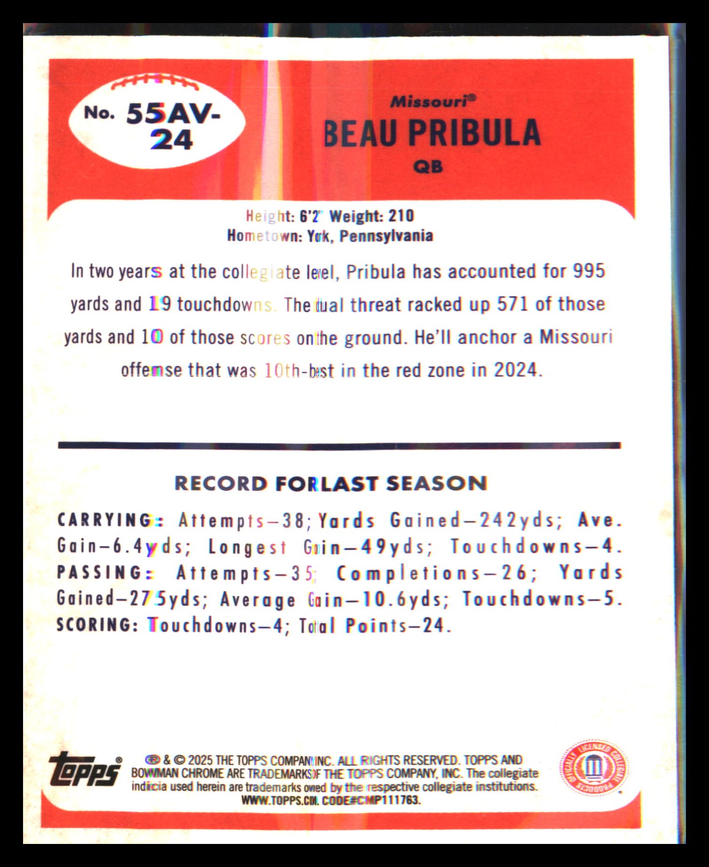 2025 Bowman University Chrome 1955 Bowman Football #55AV-24 Beau Pribula