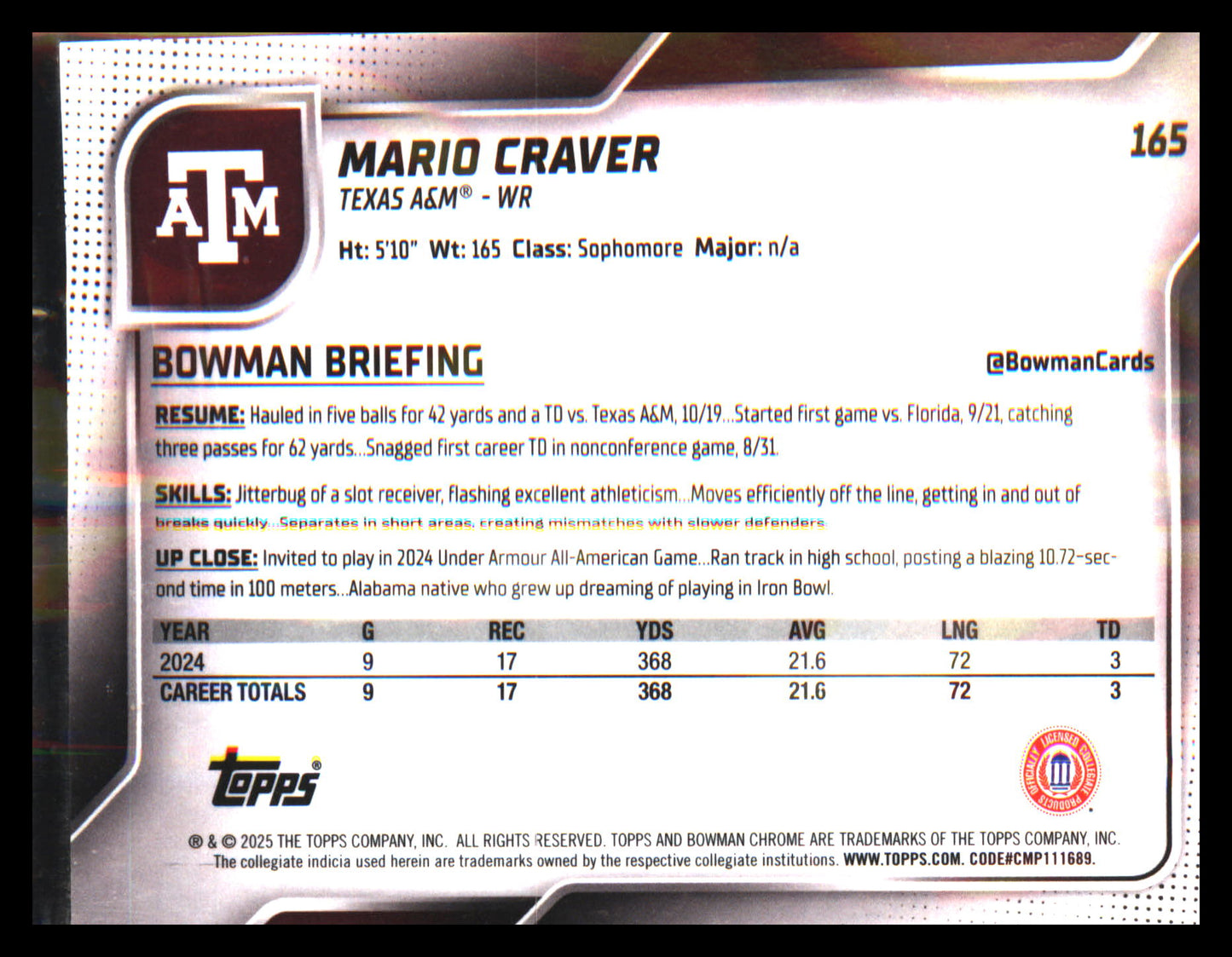 2025 Bowman University Chrome #165 Mario Craver
