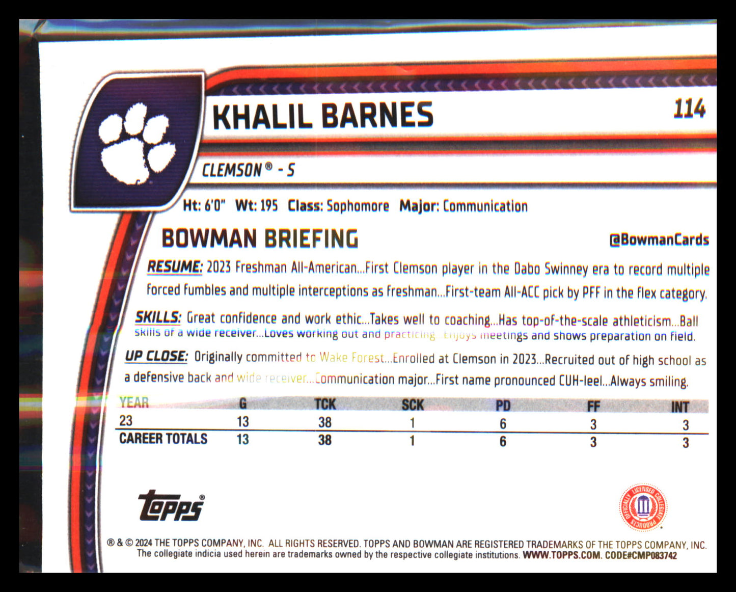2024 Bowman University Chrome #114 Khalil Barnes