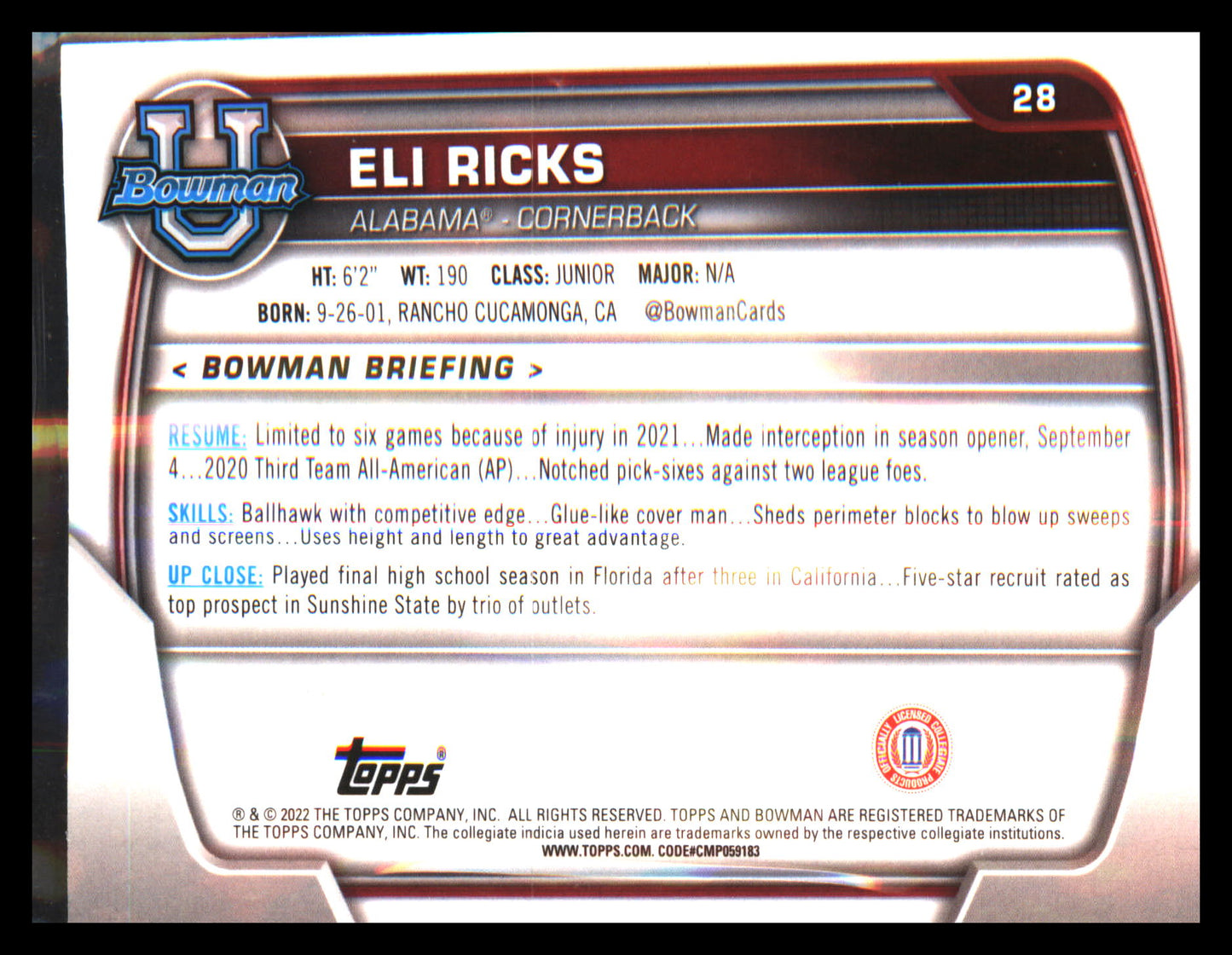 2022 Bowman University Chrome #28 Eli Ricks