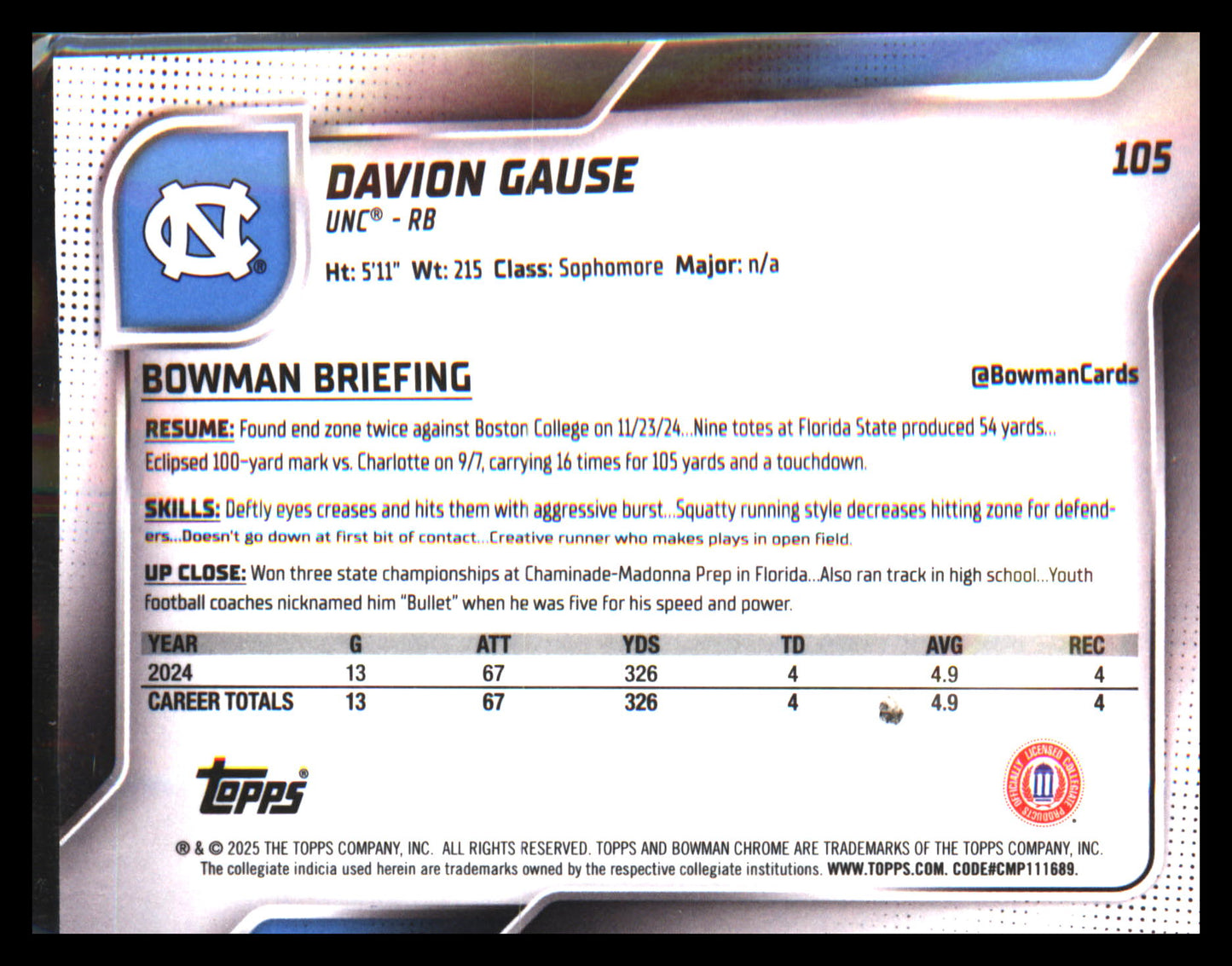 2025 Bowman University Chrome #105 Davion Gause