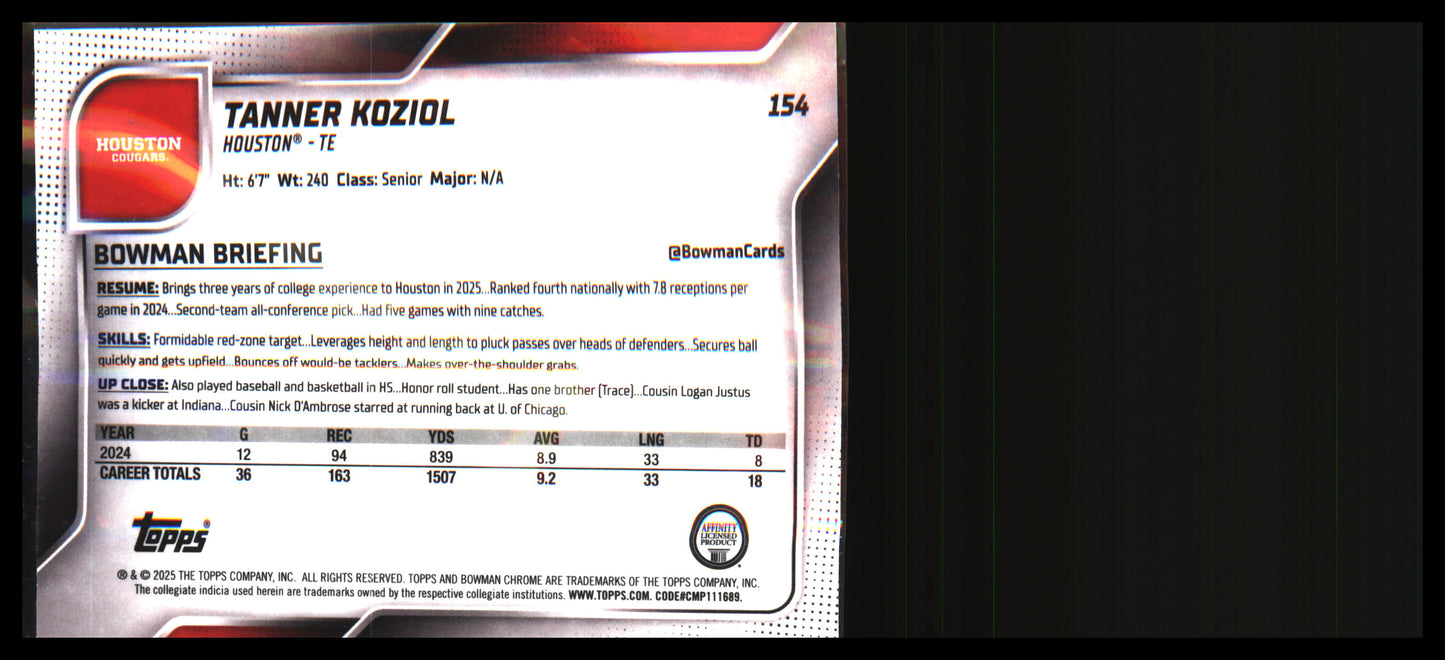 2025 Bowman University Chrome #154 Tanner Koziol