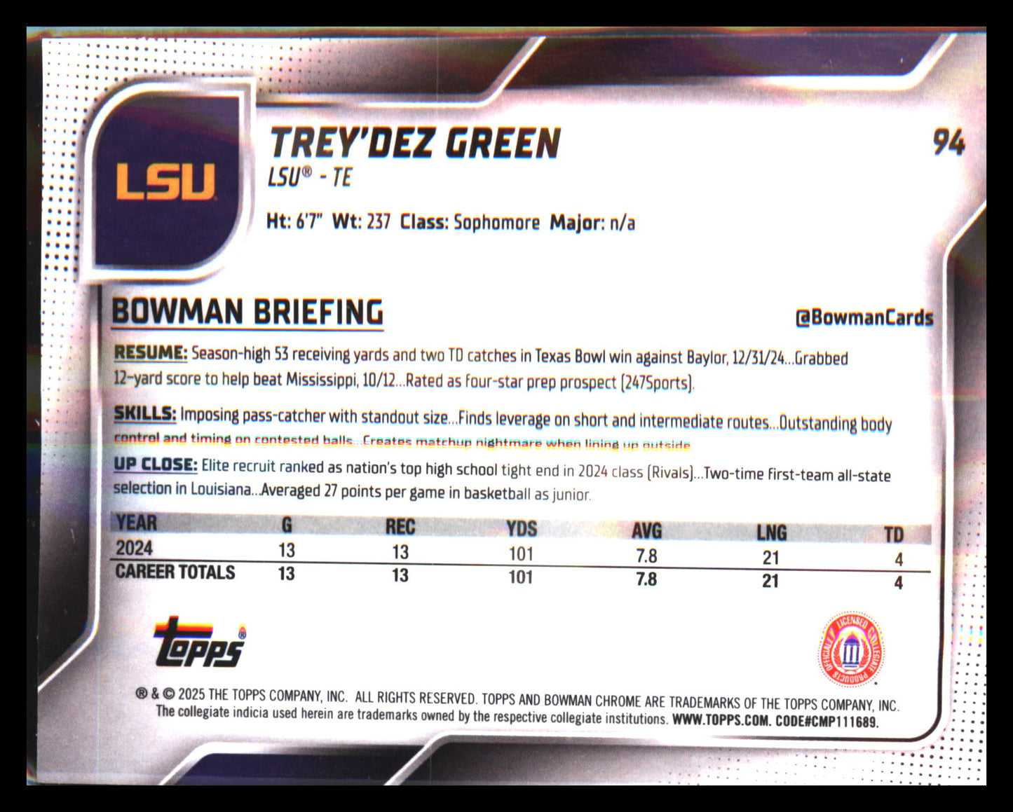 2025 Bowman University Chrome #94 Trey'Dez Green