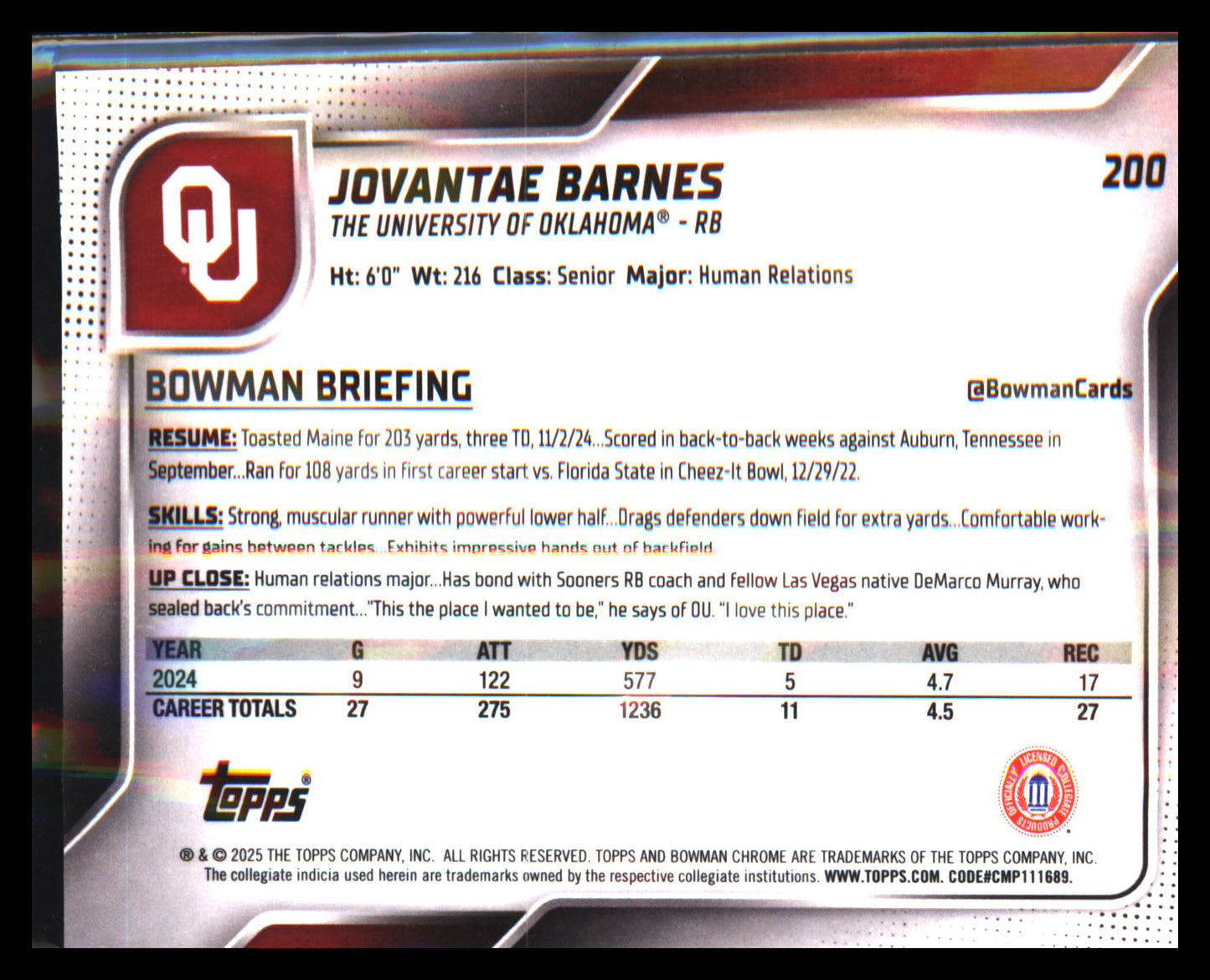 2025 Bowman University Chrome #200 Jovantae Barnes