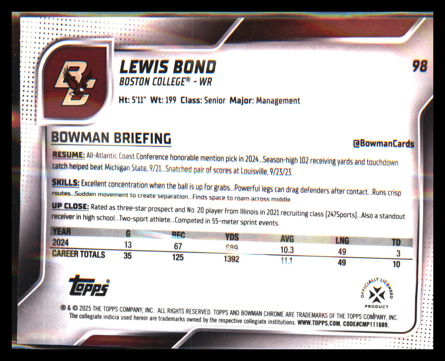 2025 Bowman University Chrome #98 Lewis Bond