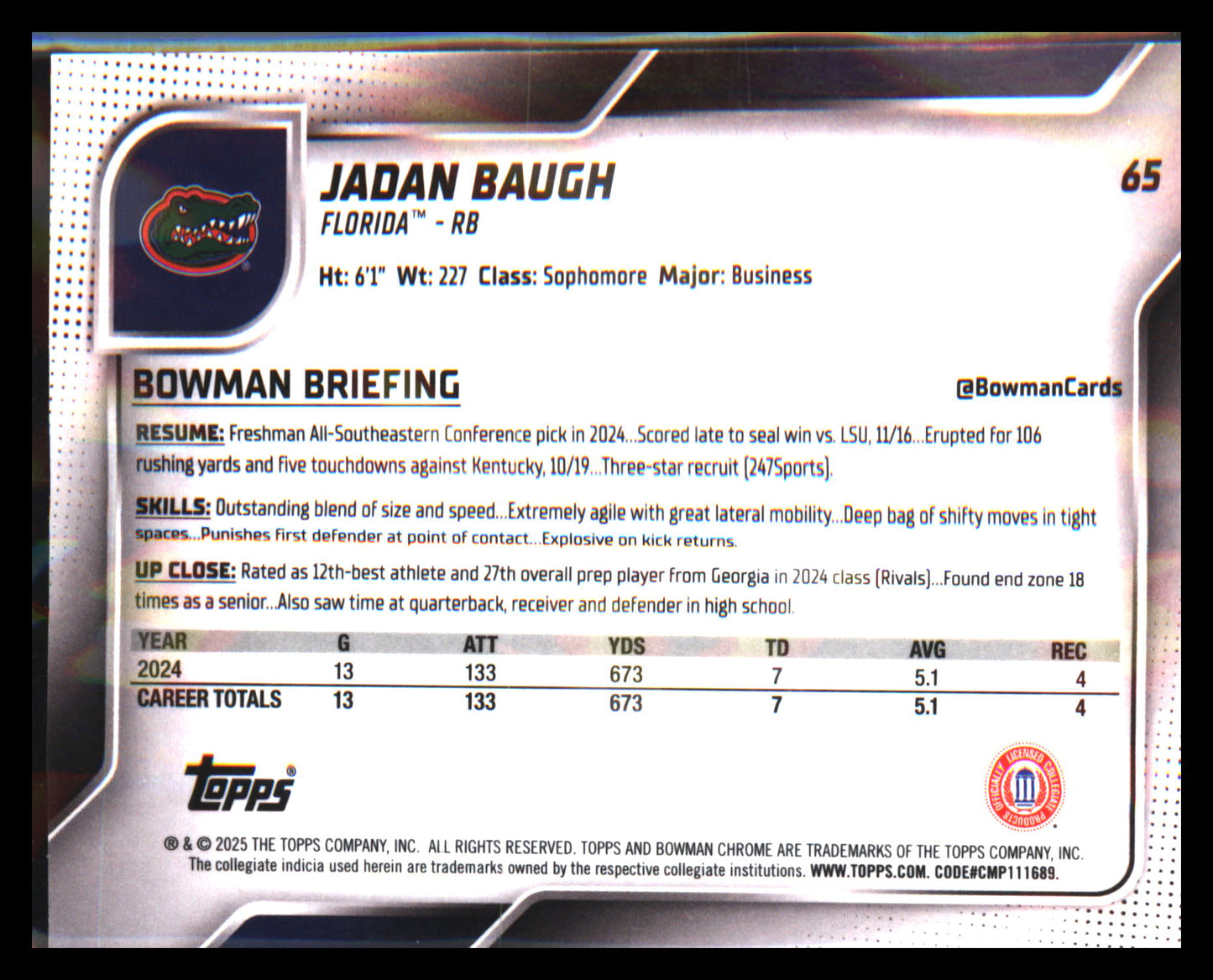 2025 Bowman University Chrome #65 Jadan Baugh