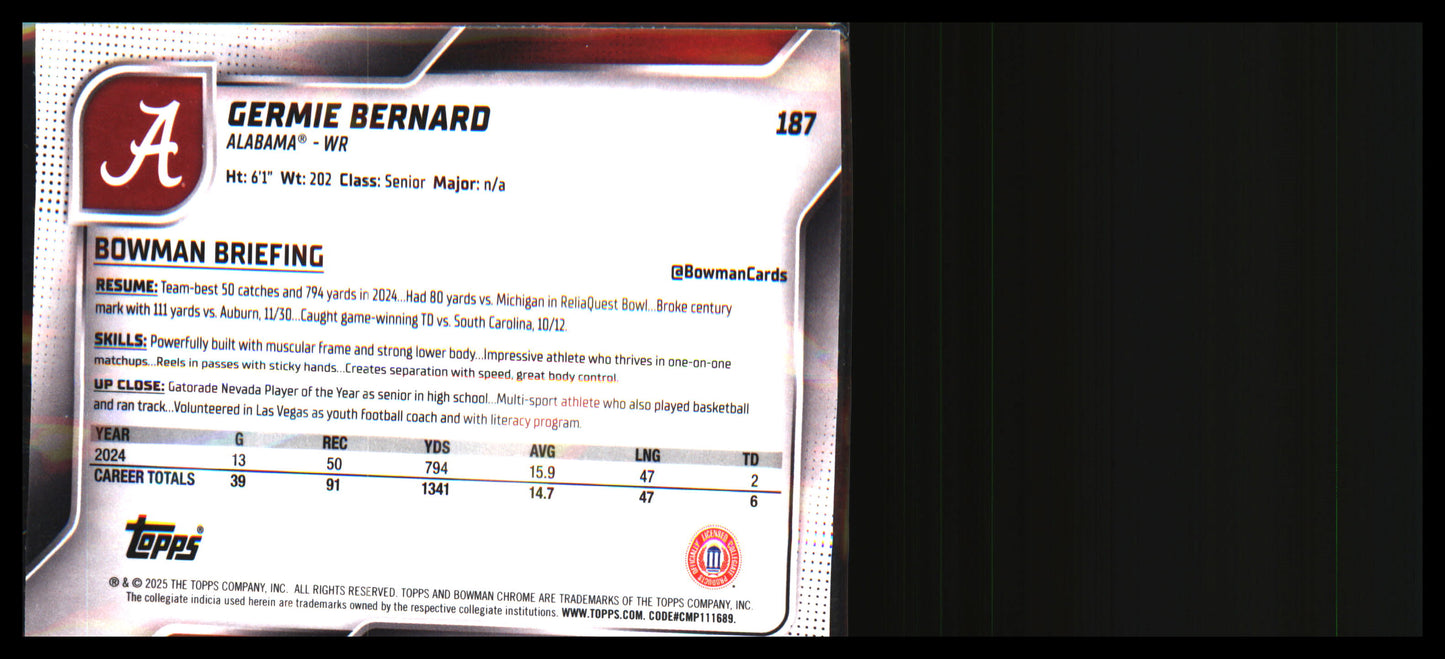 2025 Bowman University Chrome #187 Germie Bernard