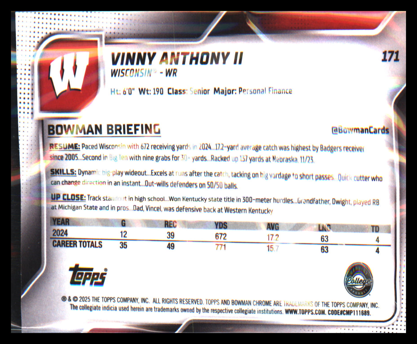 2025 Bowman University Chrome #171 Vinny Anthony II