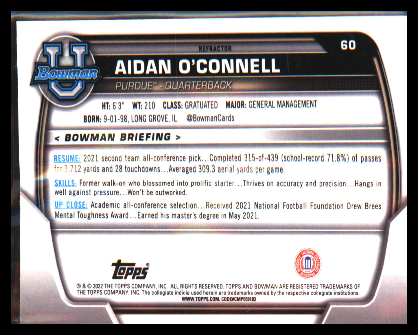2022 Bowman University Chrome Refractor #60 Aidan O'Connell