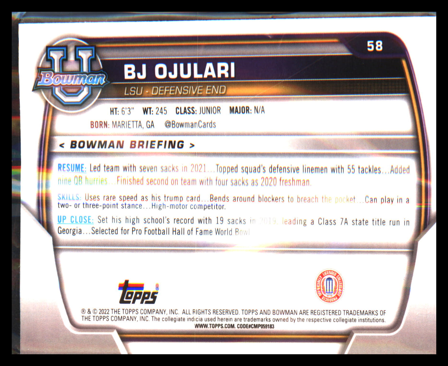 2022 Bowman University Chrome #58 BJ Ojulari