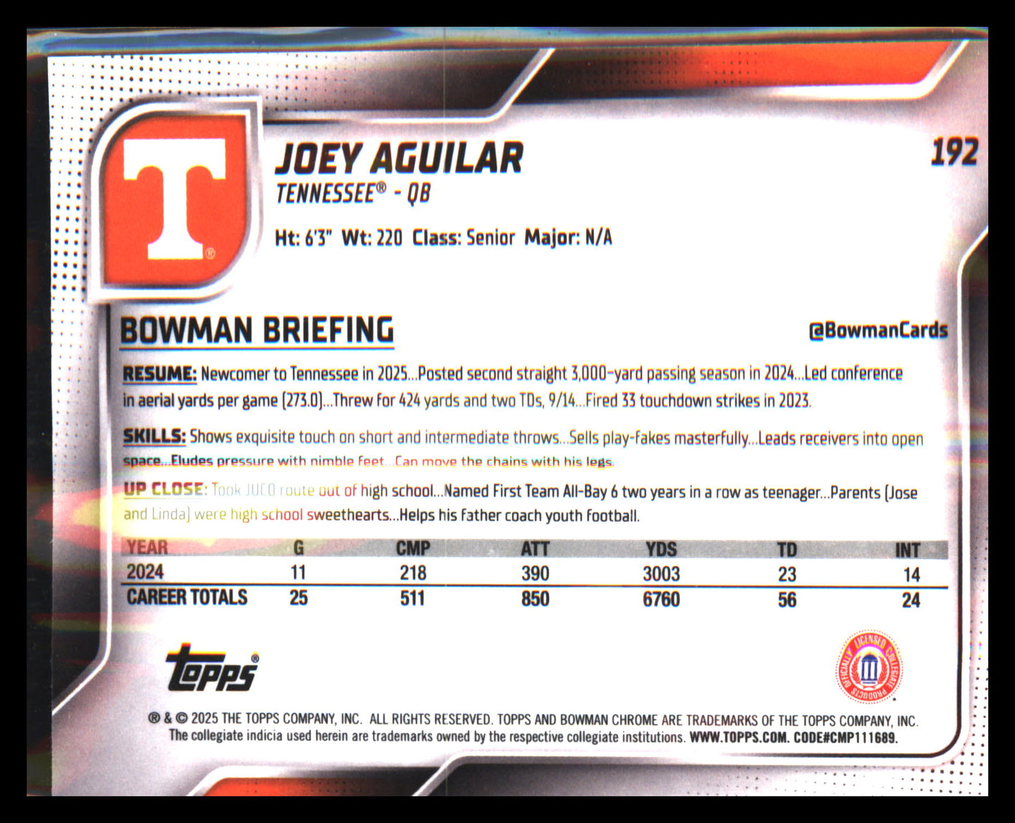 2025 Bowman University Chrome #192 Joey Aguilar