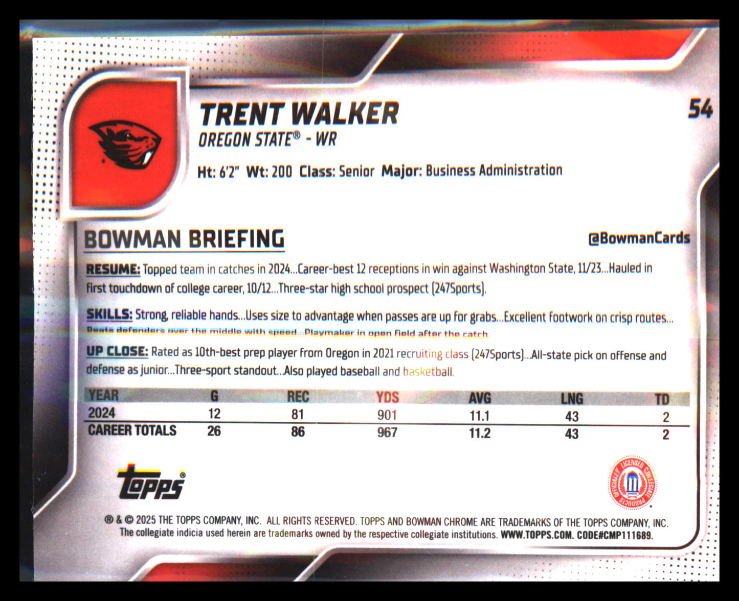 2025 Bowman University Chrome #54 Trent Walker