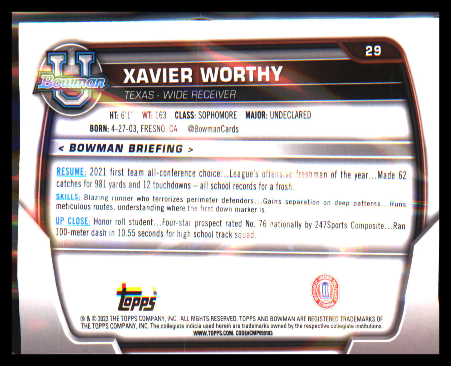 2022 Bowman University Chrome #29 Xavier Worthy