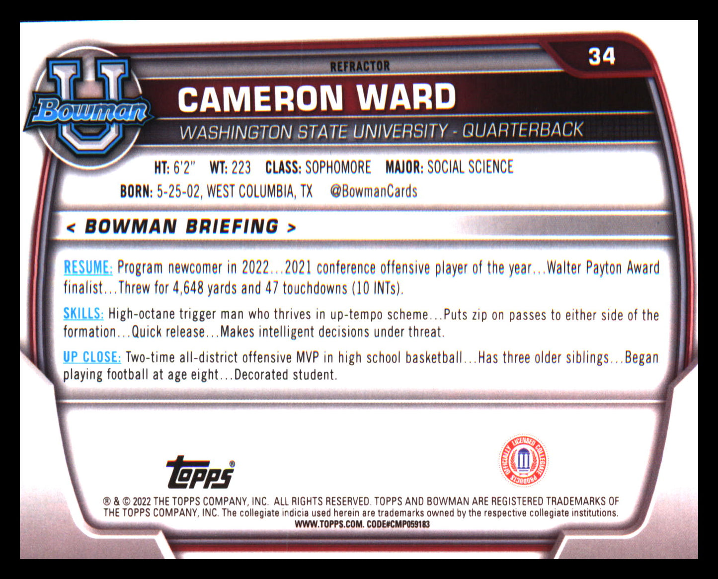2022 Bowman University Chrome Refractor #34 Cameron Ward