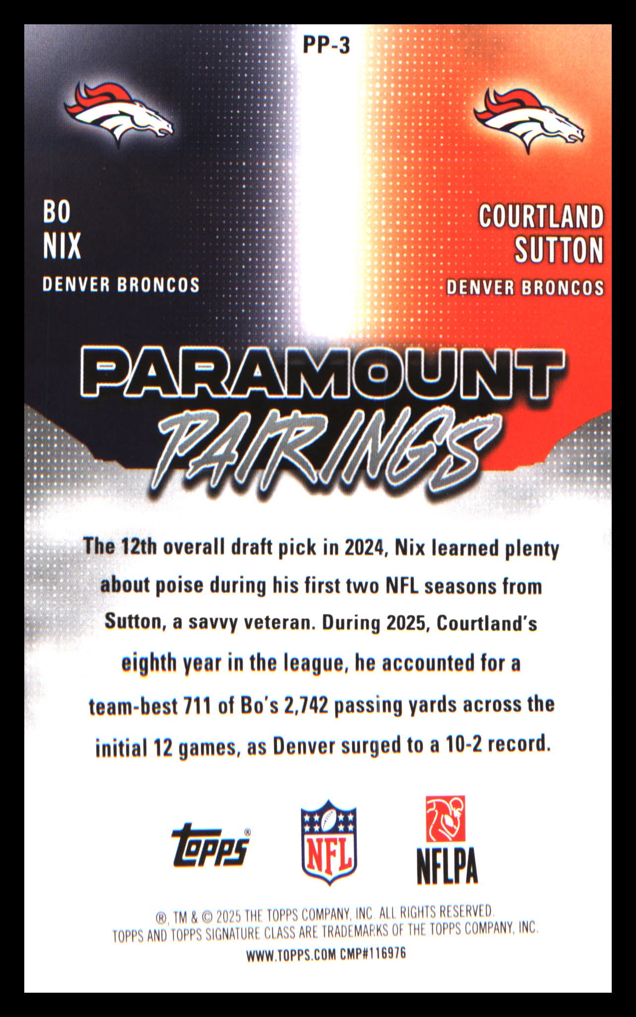 2025 Topps Signature Class Paramount Pairings #PP-3 Courtland Sutton / Bo Nix