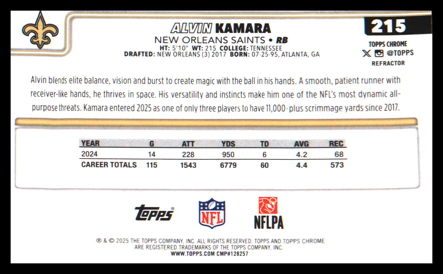2025 Topps Chrome Topps Refractor #215 Alvin Kamara