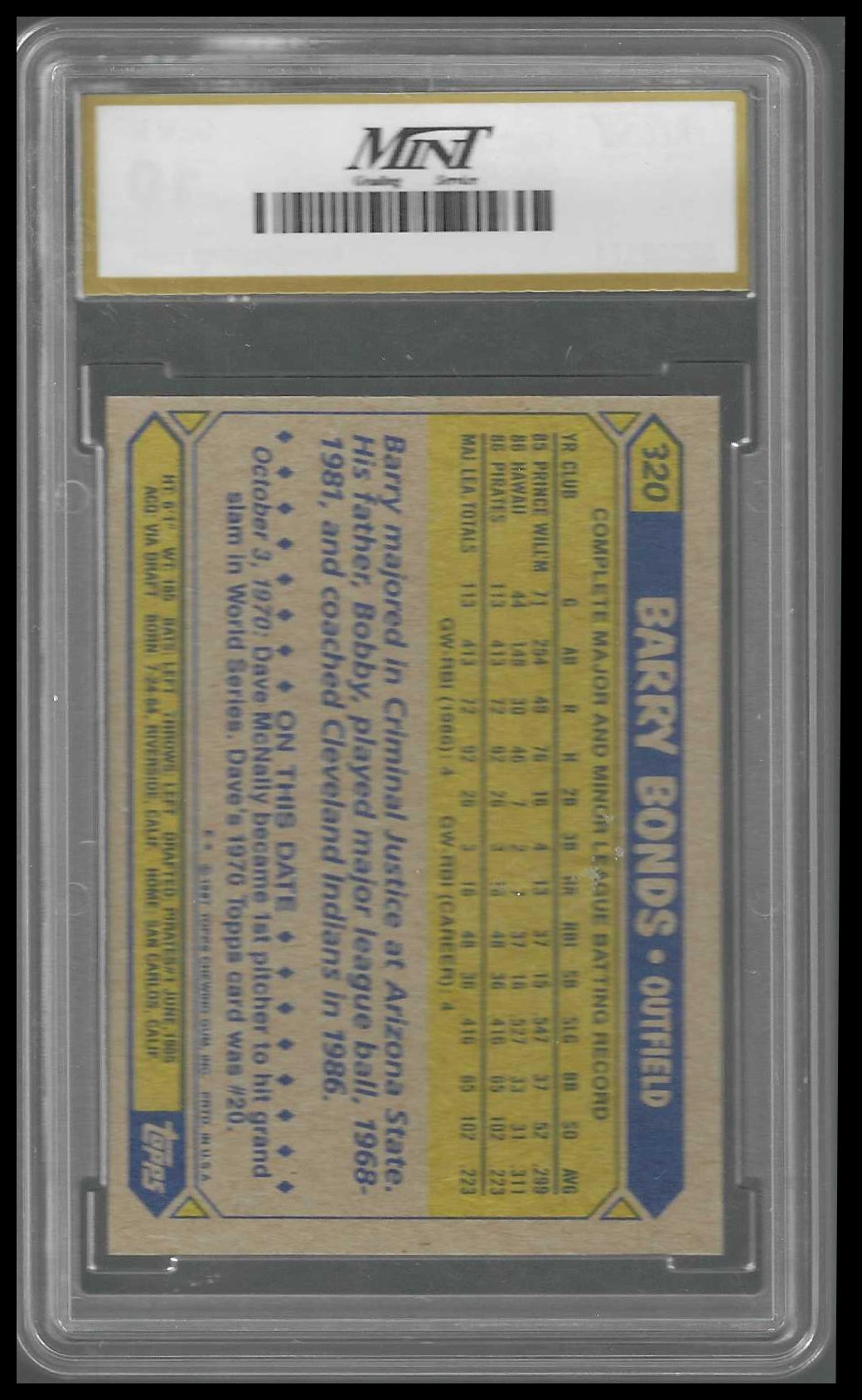 1987 Topps #320 Barry Bonds Rookie MINT GEM/MT 10
